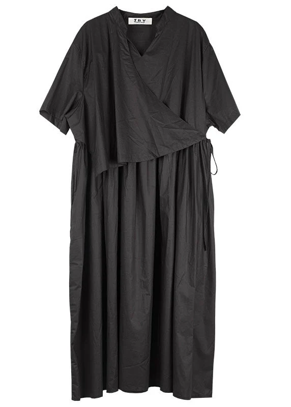 Modern Black Cinched Patchwork Cotton Dresses Short Sleeve - Image 5