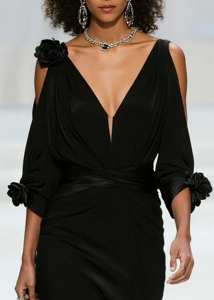 Modern Black Cold Shoulder Floral Decorated Chiffon Vestidos Dress Summer - Image 2