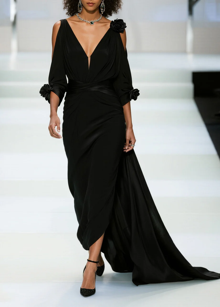 Modern Black Cold Shoulder Floral Decorated Chiffon Vestidos Dress Summer - Image 3