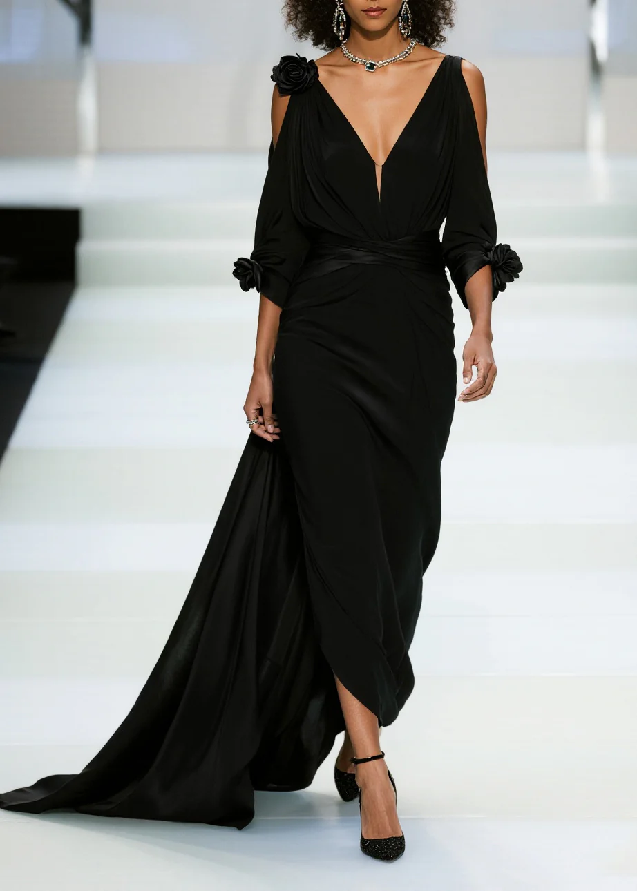 Modern Black Cold Shoulder Floral Decorated Chiffon Vestidos Dress Summer - Image 5