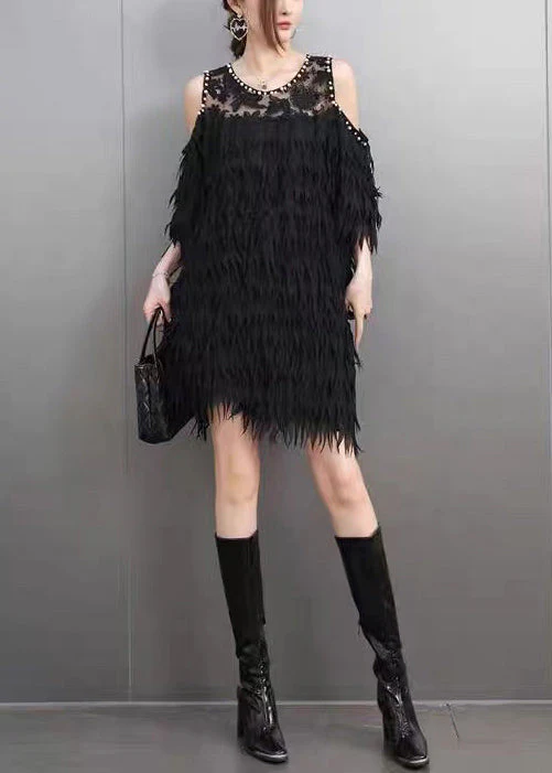 Modern Black Cold Shoulder Patchwork Eyelash Mini Dresses Summer - Image 3