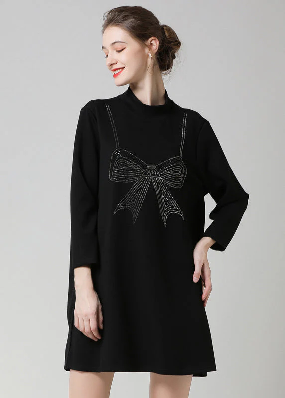 Modern Black High Neck Ruffled Patchwork Bow Cotton Robe Dresses Spring - Image 2
