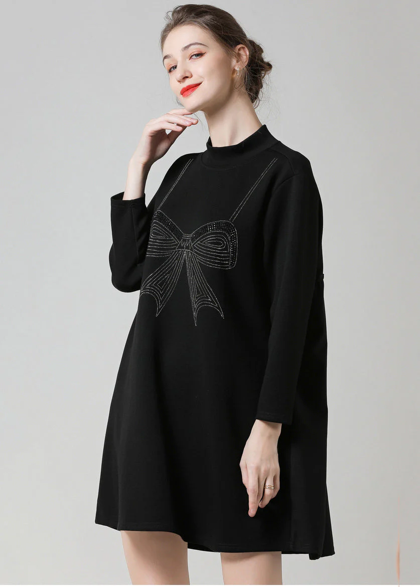 Modern Black High Neck Ruffled Patchwork Bow Cotton Robe Dresses Spring - Image 3