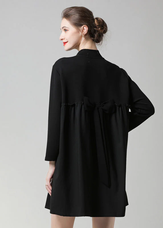 Modern Black High Neck Ruffled Patchwork Bow Cotton Robe Dresses Spring - Image 4