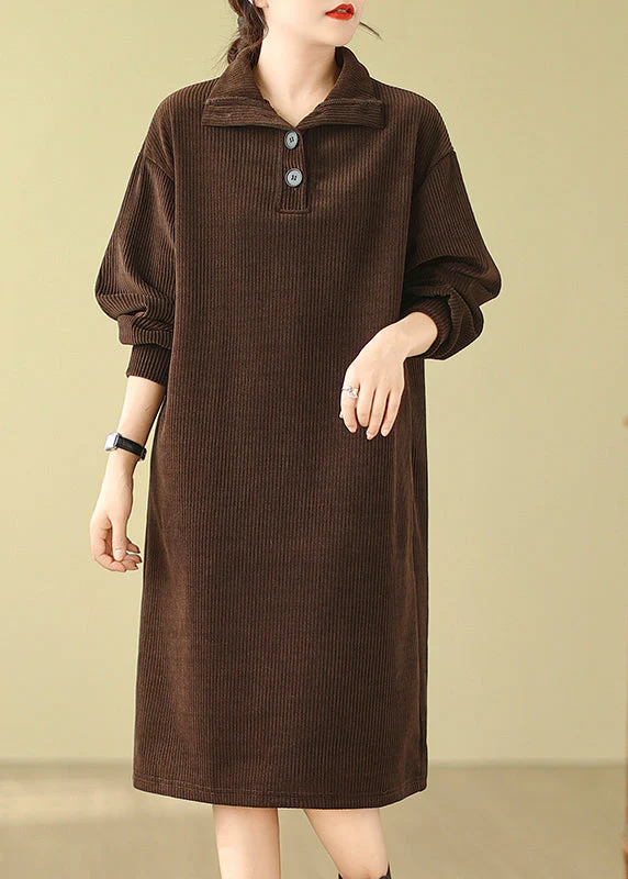 Modern Black Hign Neck Button Versatile Corduroy Dresses Fall - Image 2