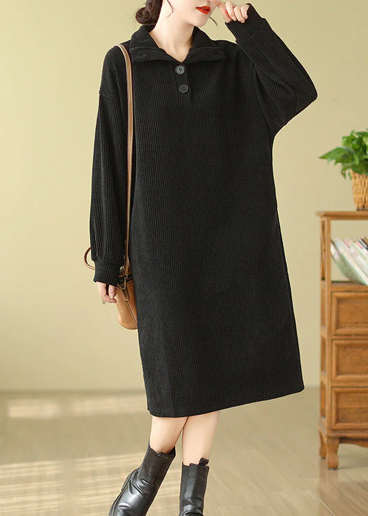 Modern Black Hign Neck Button Versatile Corduroy Dresses Fall - Image 3