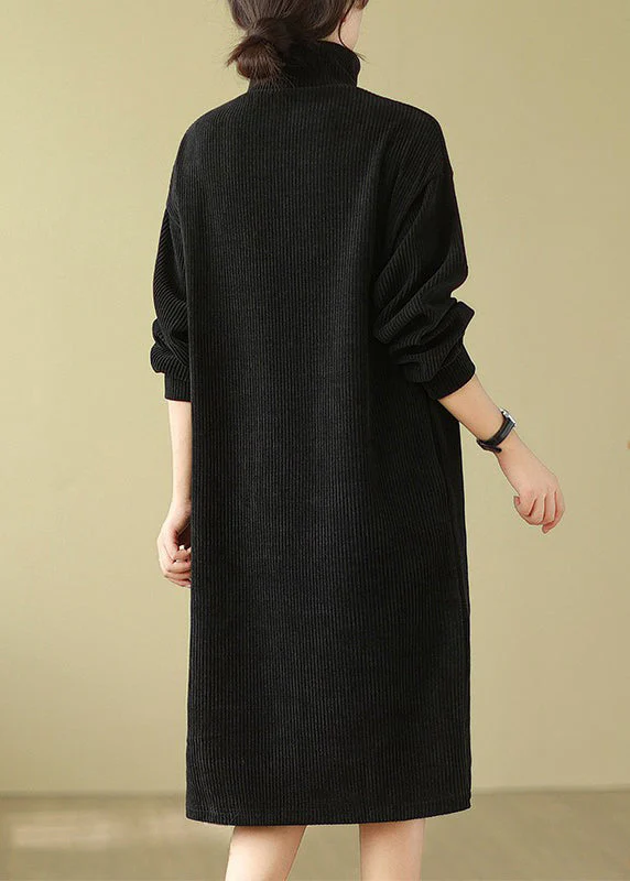 Modern Black Hign Neck Button Versatile Corduroy Dresses Fall - Image 4