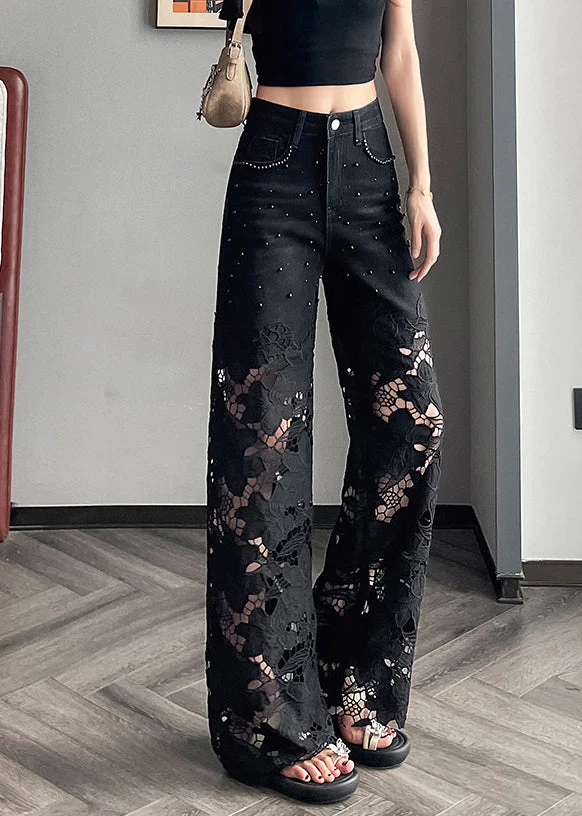 Modern Black Hollow Out Patchwork Denim Straight Pants Spring - Image 2