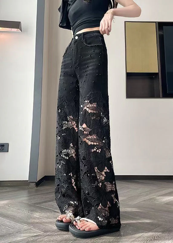 Modern Black Hollow Out Patchwork Denim Straight Pants Spring - Image 3