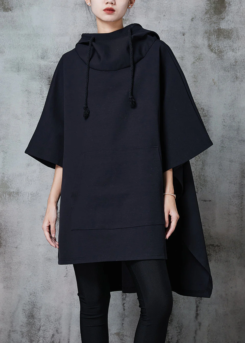 Modern Black Hooded Drawstring Cotton Loose Sweatshirts Dress Spring - Image 3