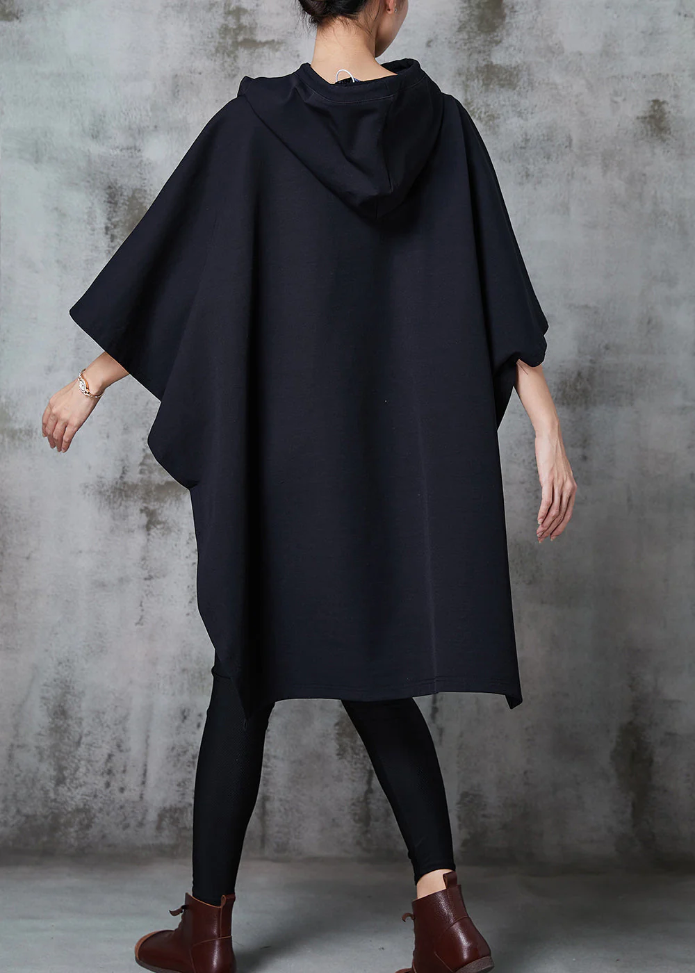 Modern Black Hooded Drawstring Cotton Loose Sweatshirts Dress Spring - Image 4
