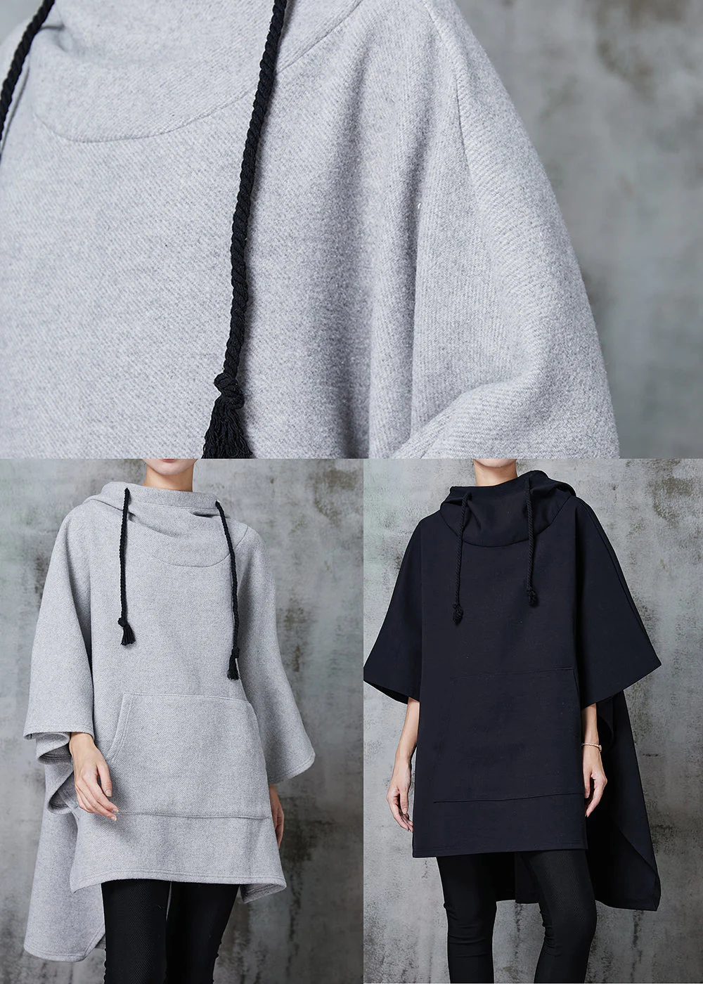 Modern Black Hooded Drawstring Cotton Loose Sweatshirts Dress Spring - Image 5