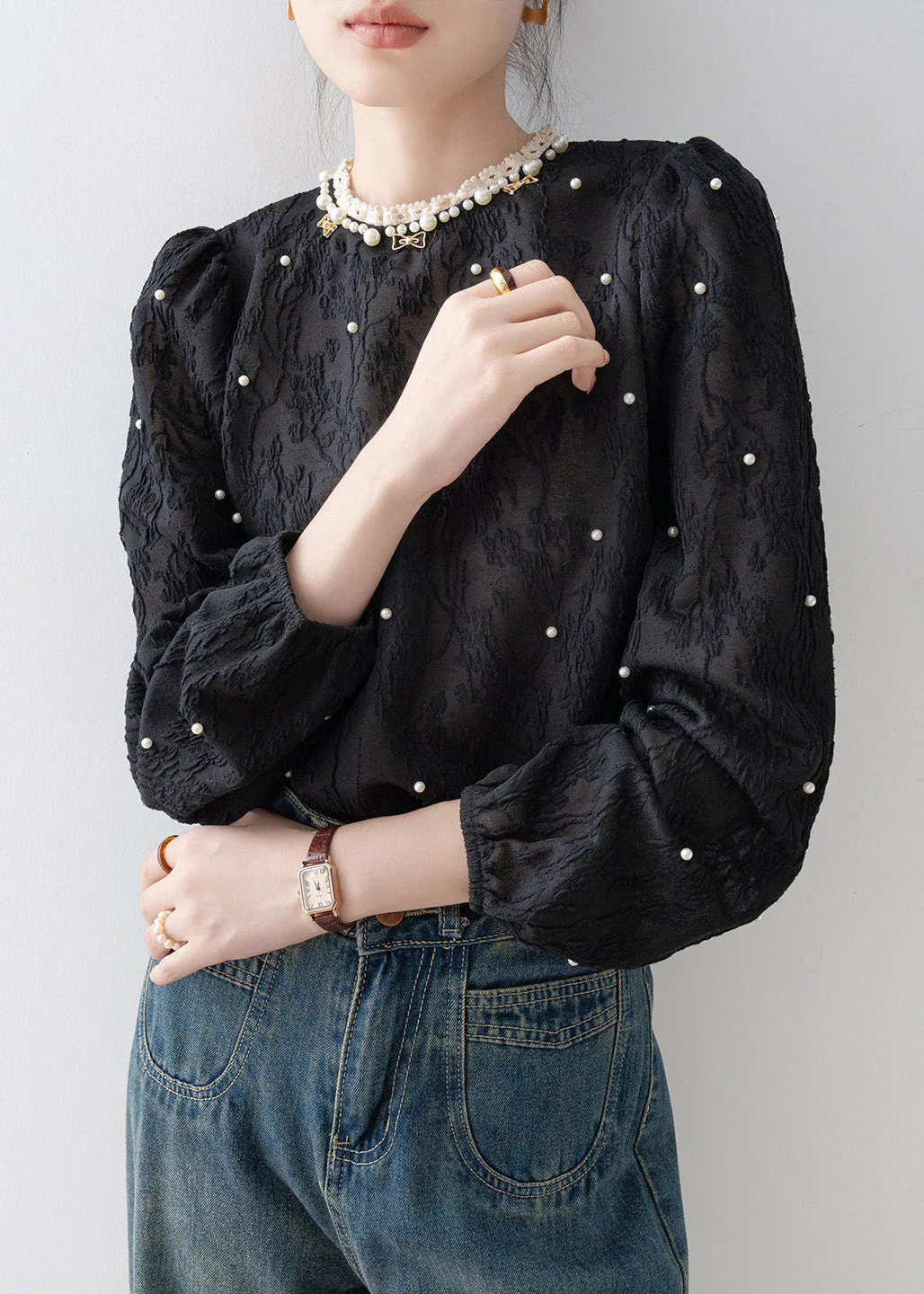 Modern Black Jacquard Nail Bead Chiffon Blouse Tops Spring - Image 3