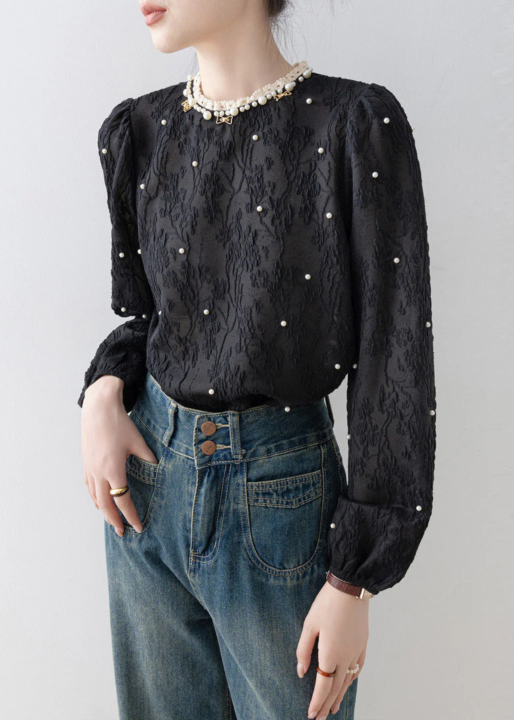 Modern Black Jacquard Nail Bead Chiffon Blouse Tops Spring - Image 4