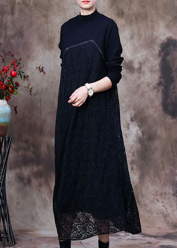 Modern Black Lace Patchwork Knit Long Dress Spring - Image 2