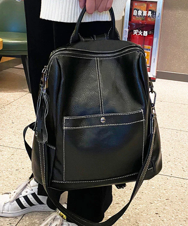 Modern Black Large Capacity Calf Leather Backpack Bag - Image 4