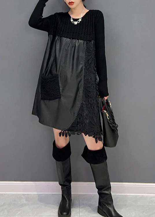 Modern Black O-Neck Embroideried Knit Patchwork Faux Leather Mid Dress Winter - Image 2