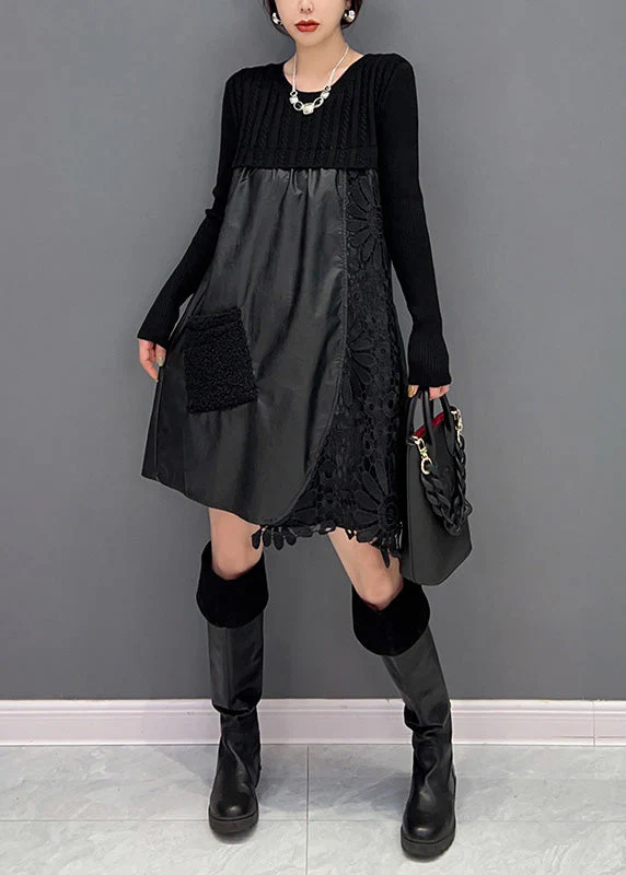 Modern Black O-Neck Embroideried Knit Patchwork Faux Leather Mid Dress Winter - Image 3