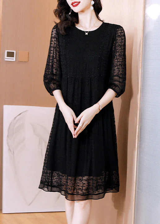 Modern Black O Neck Embroideried Patchwork Silk Mid Dress Fall - Image 3