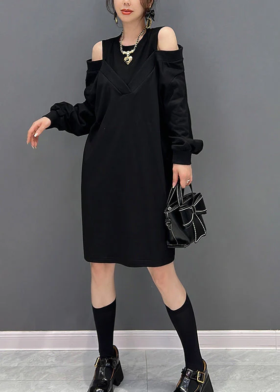 Modern Black O-Neck Fake Two Pieces Knit Mid Dresses Fall - Image 2