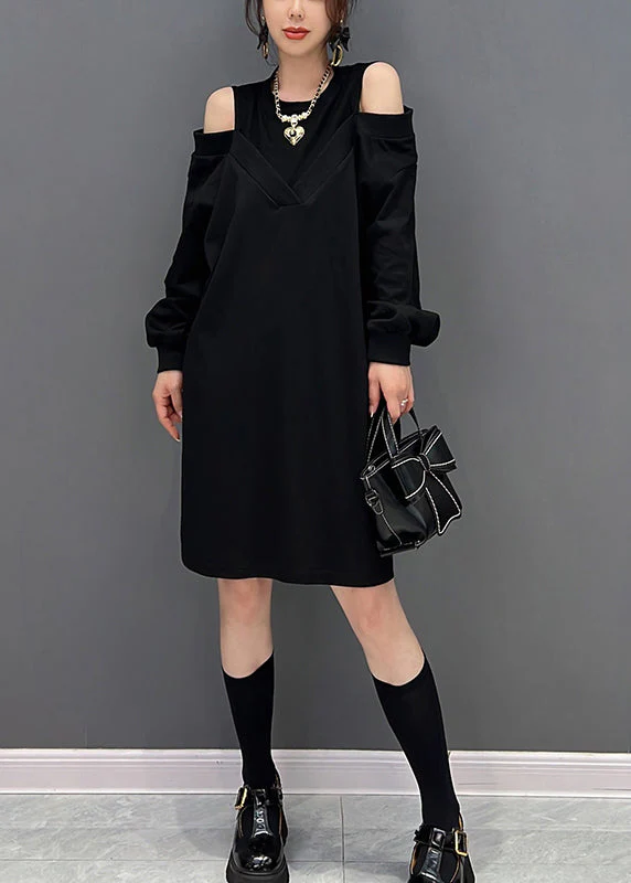 Modern Black O-Neck Fake Two Pieces Knit Mid Dresses Fall - Image 3