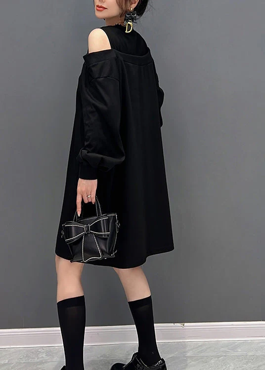 Modern Black O-Neck Fake Two Pieces Knit Mid Dresses Fall - Image 4