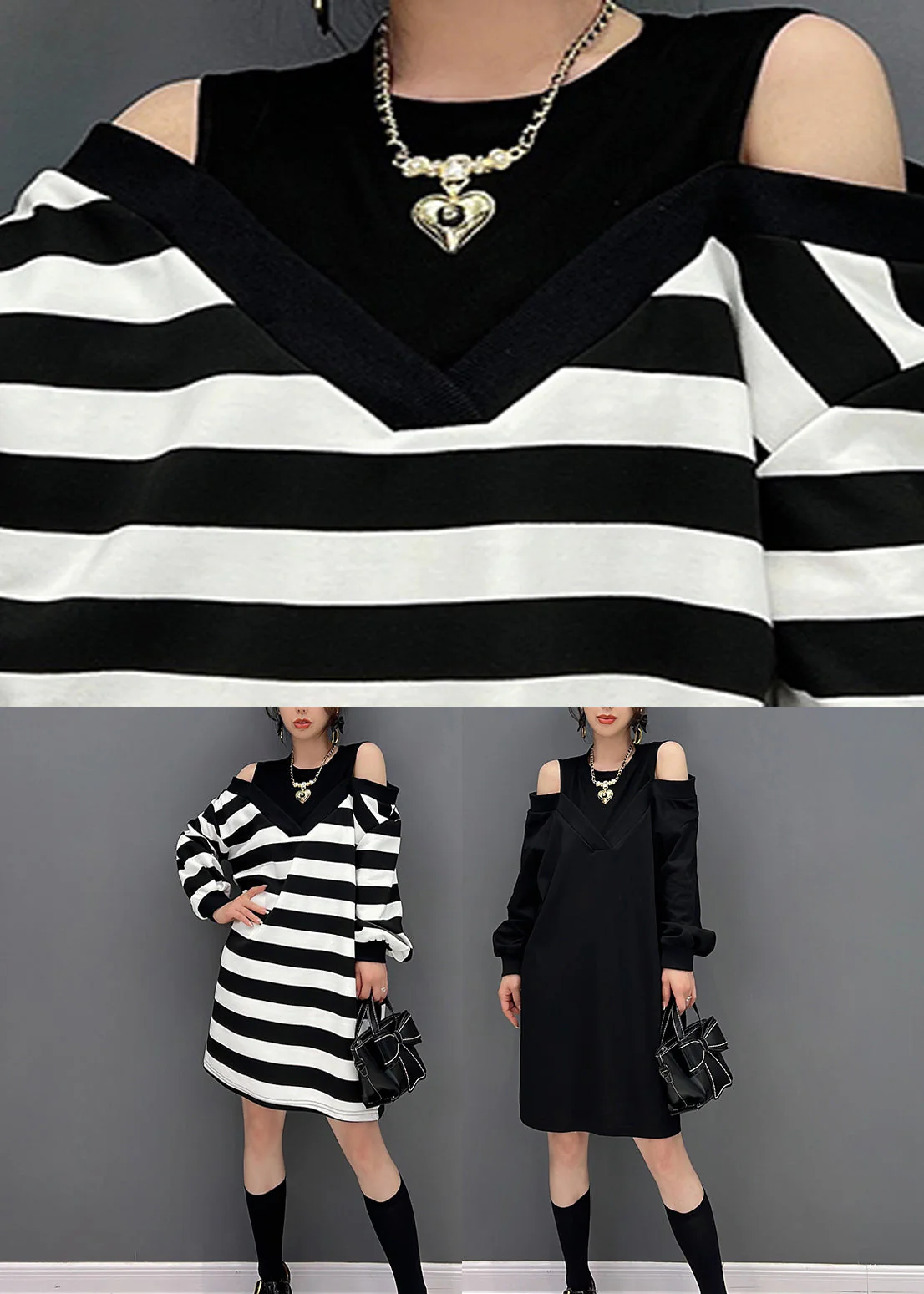 Modern Black O-Neck Fake Two Pieces Knit Mid Dresses Fall - Image 5