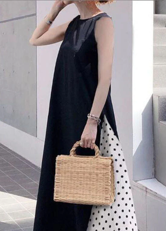 Modern Black O Neck Patchwork Cotton Tank Maxi Dresses Sleeveless - Image 2