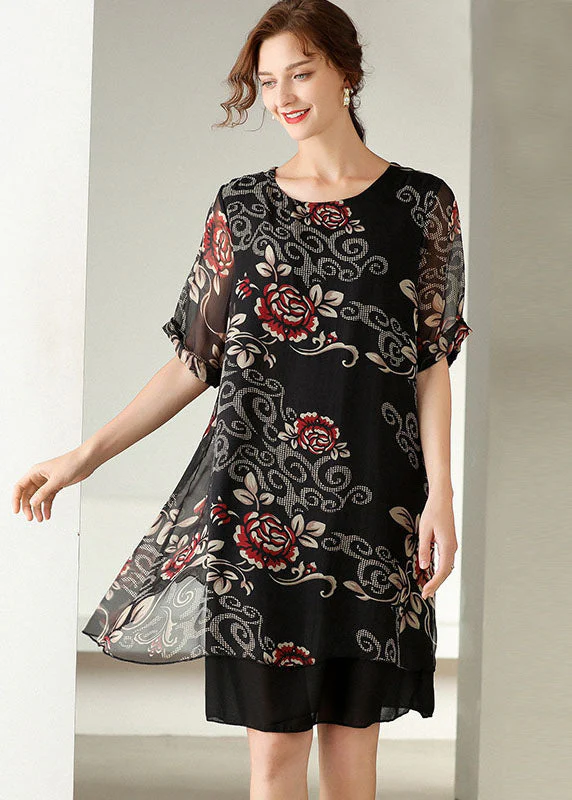 Modern Black O Neck Print Patchwork Silk Dress Summer - Image 2