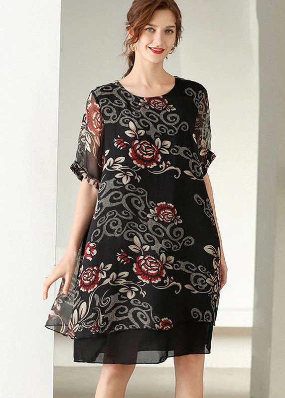Modern Black O Neck Print Patchwork Silk Dress Summer - Image 3