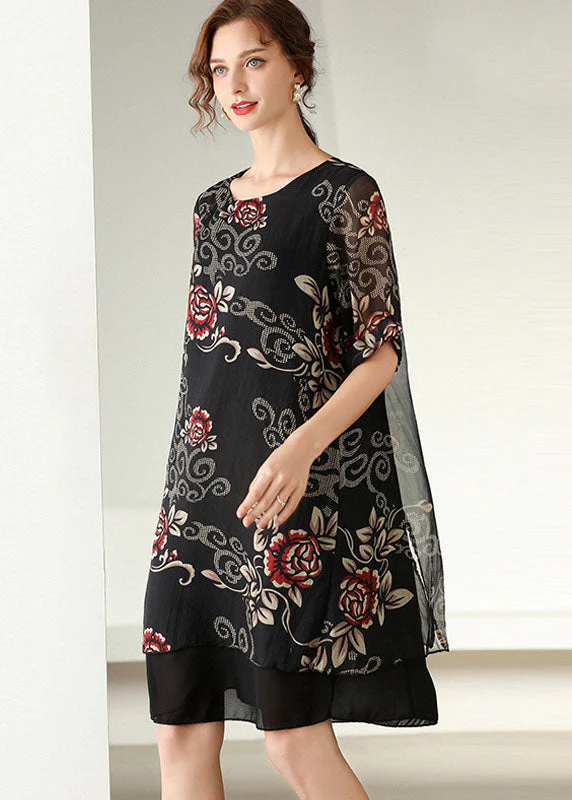 Modern Black O Neck Print Patchwork Silk Dress Summer - Image 4