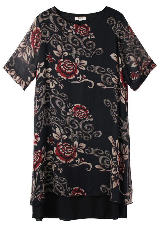 Modern Black O Neck Print Patchwork Silk Dress Summer - Image 5