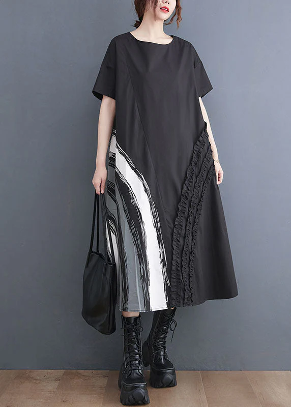 Modern Black O-Neck Ruffled Print Cotton A Line Dress Short Sleeve - Image 2