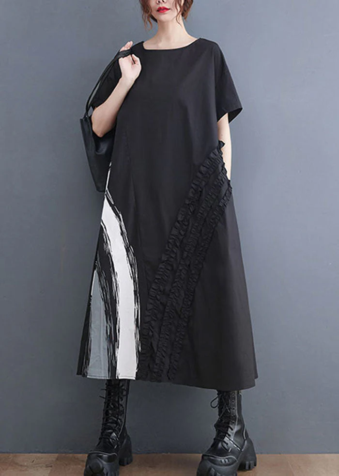 Modern Black O-Neck Ruffled Print Cotton A Line Dress Short Sleeve - Image 3