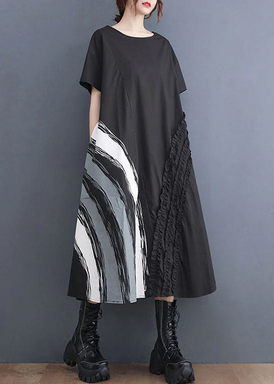 Modern Black O-Neck Ruffled Print Cotton A Line Dress Short Sleeve - Image 4