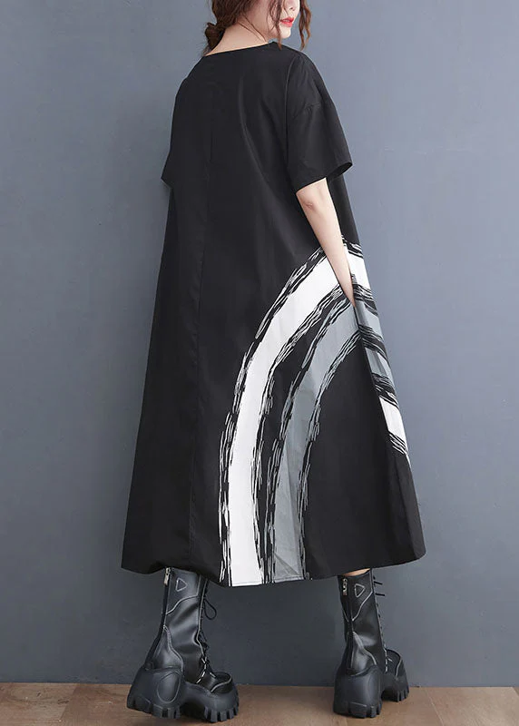 Modern Black O-Neck Ruffled Print Cotton A Line Dress Short Sleeve - Image 5