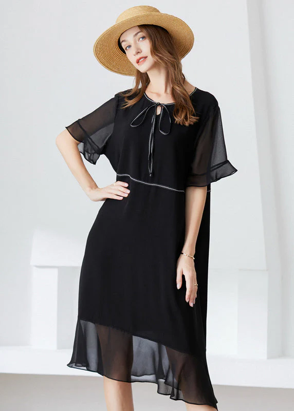Modern Black O-Neck Ruffles Lace Up Chiffon Long Dress Summer