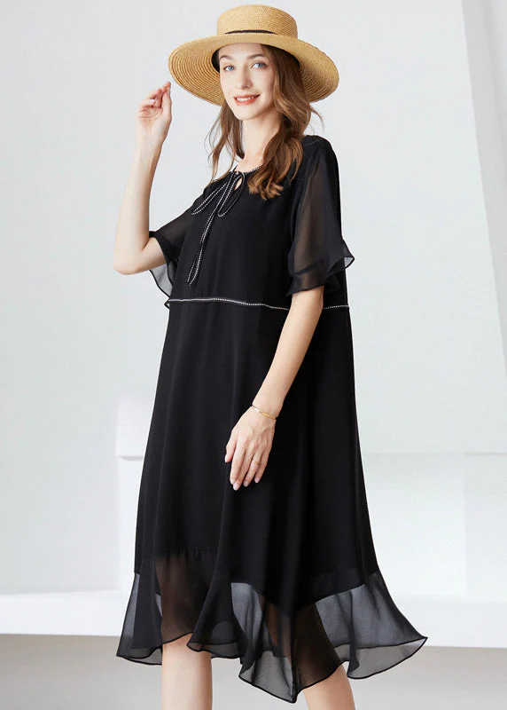 Modern Black O-Neck Ruffles Lace Up Chiffon Long Dress Summer - Image 2