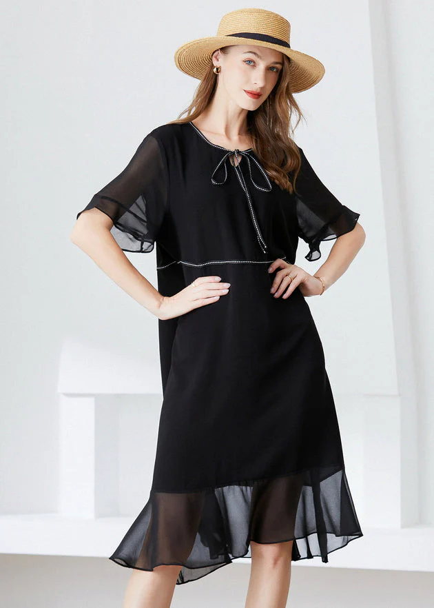 Modern Black O-Neck Ruffles Lace Up Chiffon Long Dress Summer - Image 3