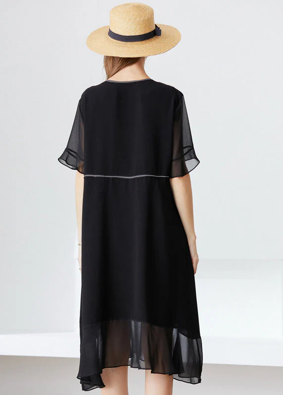 Modern Black O-Neck Ruffles Lace Up Chiffon Long Dress Summer - Image 4
