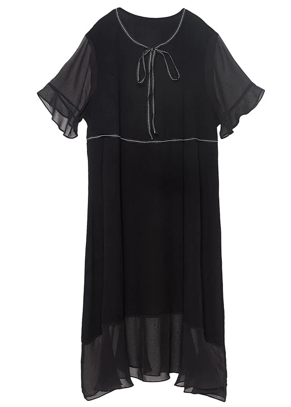 Modern Black O-Neck Ruffles Lace Up Chiffon Long Dress Summer - Image 5