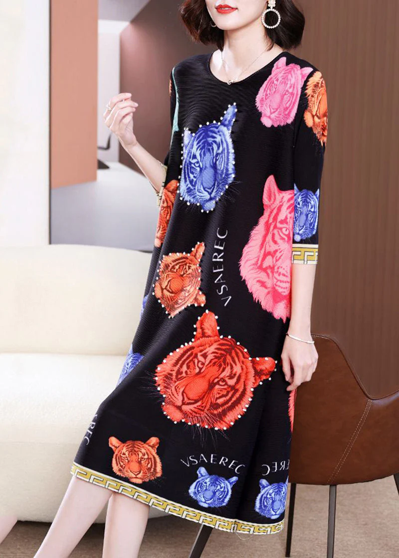 Modern Black O-Neck Tiger Print Wrinkled Long Dress Summer - Image 2