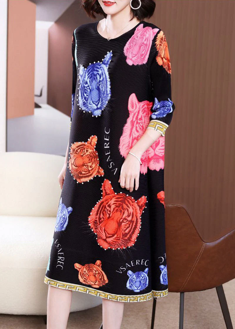 Modern Black O-Neck Tiger Print Wrinkled Long Dress Summer - Image 3