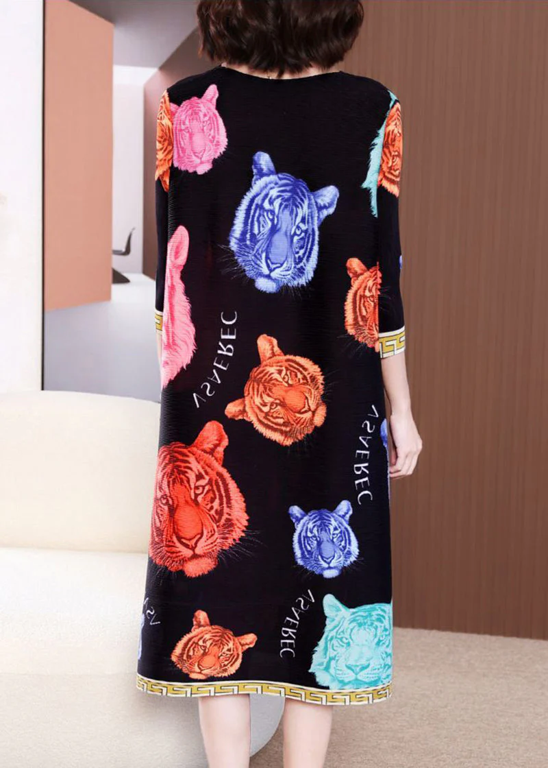 Modern Black O-Neck Tiger Print Wrinkled Long Dress Summer - Image 4