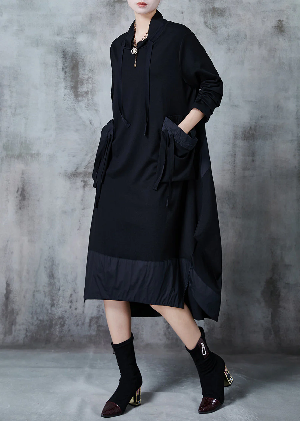 Modern Black Oversized Patchwork Cotton Long Dress Spring - Image 2