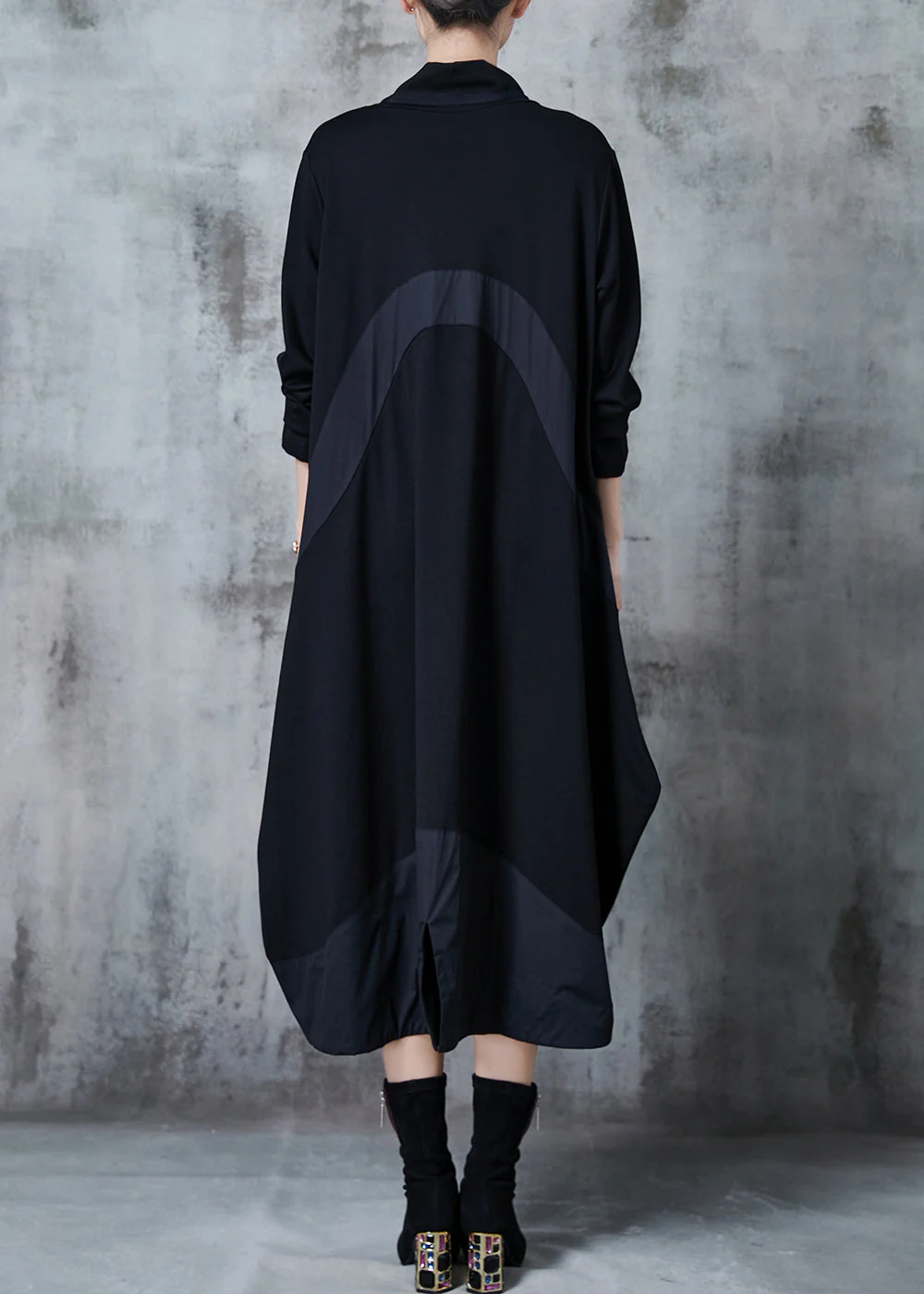 Modern Black Oversized Patchwork Cotton Long Dress Spring - Image 4