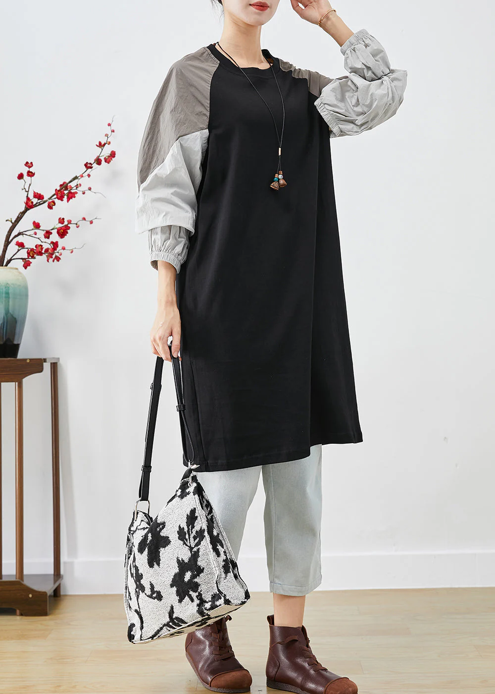 Modern Black Oversized Patchwork Cotton Sweatshirt Dress Fall - Image 2