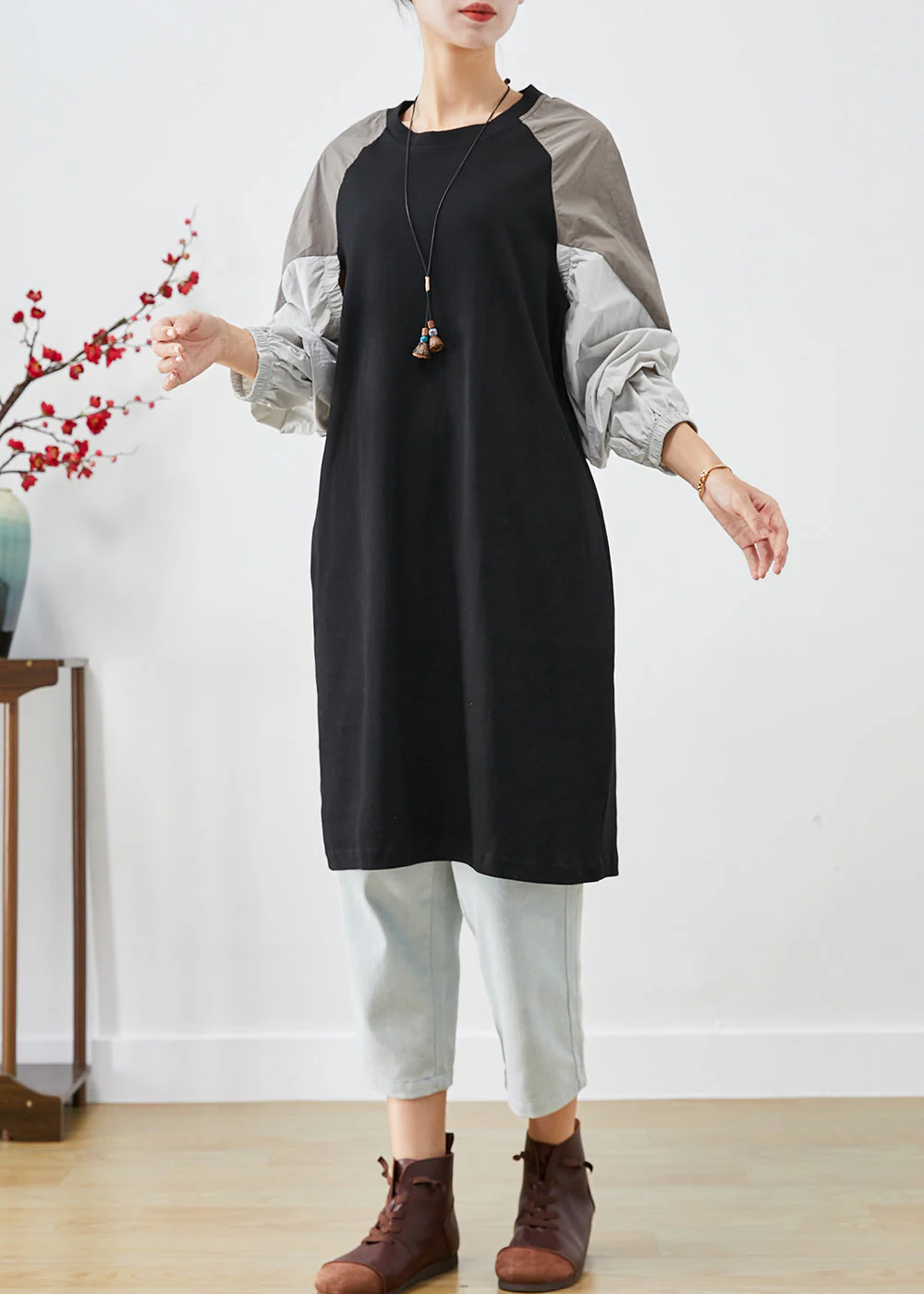 Modern Black Oversized Patchwork Cotton Sweatshirt Dress Fall - Image 3