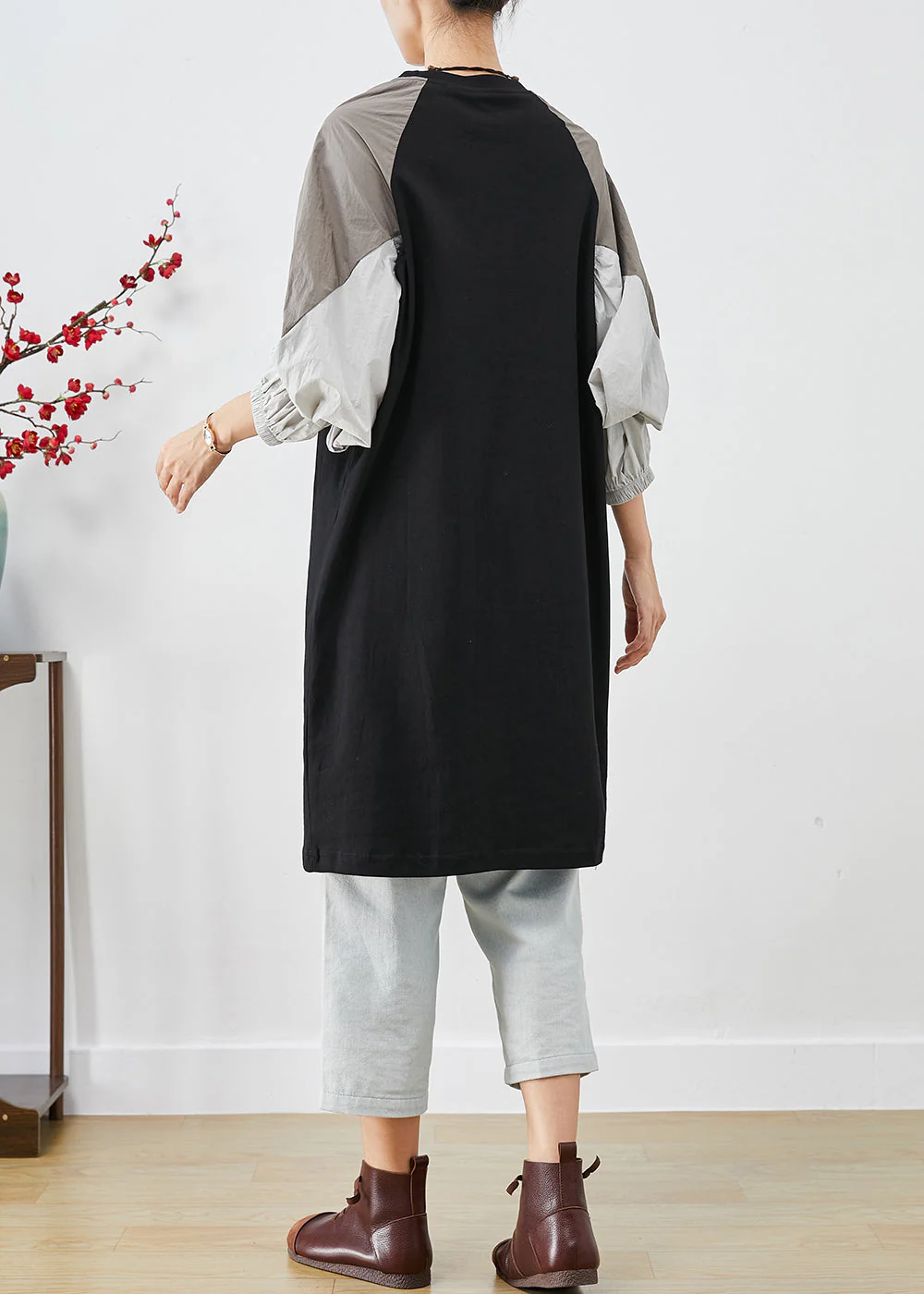 Modern Black Oversized Patchwork Cotton Sweatshirt Dress Fall - Image 4