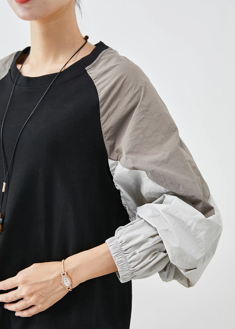 Modern Black Oversized Patchwork Cotton Sweatshirt Dress Fall - Image 5